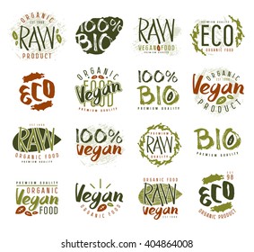 Raw vegan labels, badges and design elements with hand-drawn lettering. Color print on white background