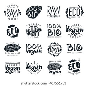 Raw vegan labels, badges and design elements with hand-drawn lettering. Black print on white background