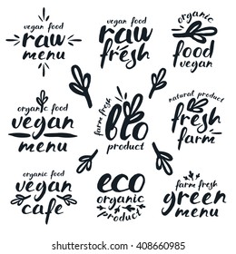 Raw vegan labels and badges with hand-drawn lettering. Black print on white background