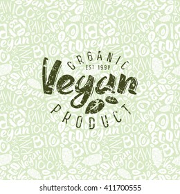 Raw vegan seamless pattern and emblem with hand-drawn lettering. Green print on light pattern background