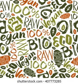 Raw vegan seamless pattern with hand-drawn lettering. Color print on white background