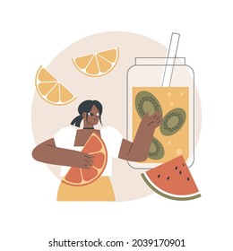 Raw veganism abstract concept vector illustration. Raw foodism and fruitarianism, juice and sprout diet, no animal origin products, superfood and nuts, healthy vegan, body detox abstract metaphor.