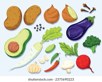 Raw vegetable plant and spices cooking ingredients set collection vector illustration isolated on light horizontal background. Potato, eggplant, daikon, button mushroom. Simple flat cartoon art style.