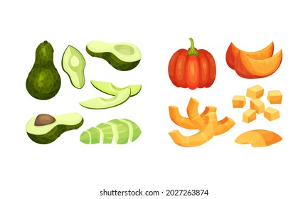 Verduras crudas cortadas o cortadas como conjunto de vectores de ingredientes de cocina