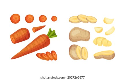 Raw Vegetable Sliced or Chopped as Cooking Ingredient Vector Set