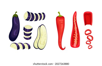 Raw Vegetable Sliced or Chopped as Cooking Ingredient Vector Set