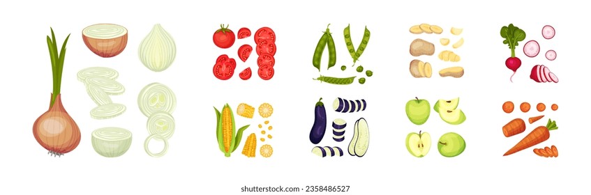 Raw Vegetable Sliced or Chopped as Cooking Ingredient Vector Set