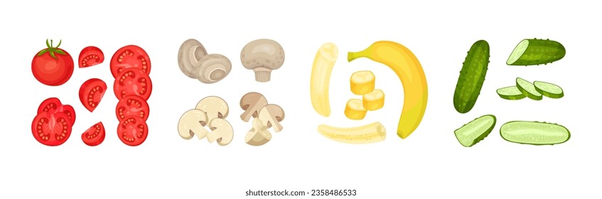 Raw Vegetable Sliced or Chopped as Cooking Ingredient Vector Set