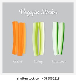 Raw vegetable sticks. Vector illustration, flat lay.
