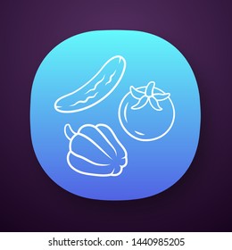 Raw vegetables app icon. Vegetarian diet and healthy eating. UI/UX user interface. Organic vegan food. Web or mobile application. Cucumber, tomato and bell pepper. Vector isolated illustration