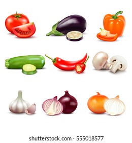 Raw vegetables with sliced isolated realistic  icons with pepper eggplant garlic mushroom courgette tomato onion cucumber vector illustration