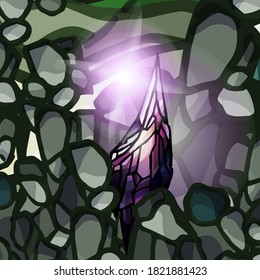 Raw violet mineral on gray stones, cartoon style, rough, mineral, stone in the ground, rock minerals, gem, shine, shimmer, glow, gray stones, glitter, reflection, crystal, nugget, gem, nature, rocks
