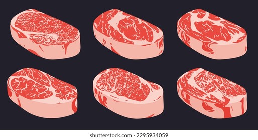 Raw wagyu sirloin steak isolated on background, Japanese beef steak poster Meat business logo typography template - shop, market, restaurant or design - banner vector illustration, sticker, menu.