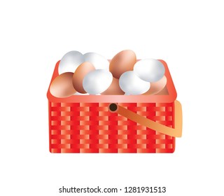 raw white and brown eggs in a weave basket