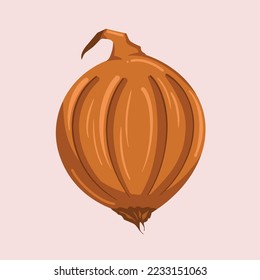 Raw whole onion plant vector illustration on plain light brown background. Pictogram vegetable drawing with cartoon flat art style.