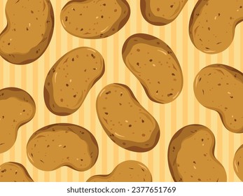 Raw whole potatoes vector background illustration isolated on striped yellow background. Cooking ingredients drawing with simple flat cartoon art style and no outlines.