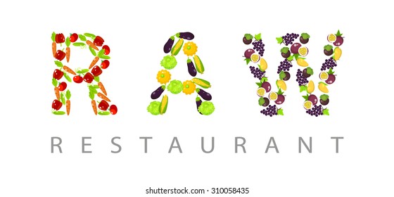 RAW word composed of fruits and vegetables. The sign of the restaurant, cafe.