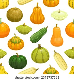 Raw zucchini, pumpkin, squash and butternut seamless pattern with autumn harvest vegetables. Vector background with fresh farm green zucchini and squash, orange pumpkin and yellow butternut veggies