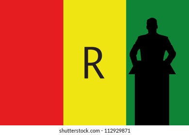 The Rawanda Flag with a Silhouette of a man giving a speech