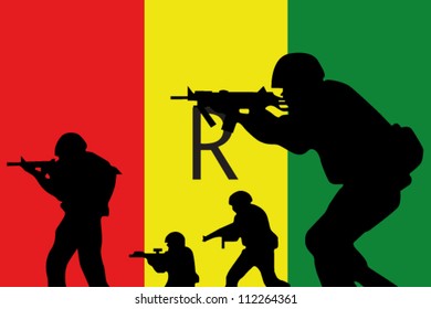 The Rawanda flag and the silhouette of soldiers