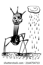 rawing funny picture spider artist with brushes and pencils on his head, walking through puddles in the rain, sketch, hand drawn digital vector illustration