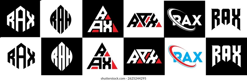 RAX letter logo design in six style. RAX polygon, circle, triangle, hexagon, flat and simple style with black and white color variation letter logo set in one artboard. RAX minimalist and classic logo