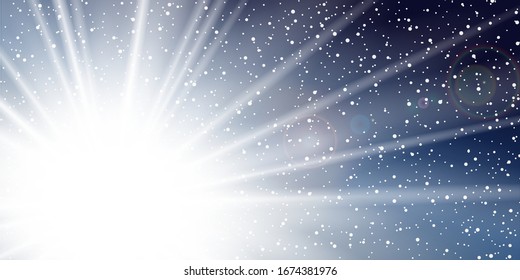 Ray blue background. Shiny graphic. Abstract sun burst. Sunbeam design. Sunny sparkle sky. Summer sunlight. Shine flash template. Explosion glare. Light sunrise. Lens optic effect Vector illustration