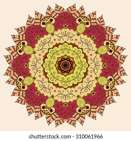 Ray edge mandala tracery wheel mehendi  design. Tracery calming ornament. Neat even colorful harmonious doodle texture. Indifferent discreet. Ambitious bracing usable doodling mehndi pattern. Vector.