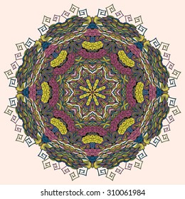 Ray edge mandala tracery wheel mehendi  design. Tracery calming ornament. Neat even colorful harmonious doodle texture. Indifferent discreet. Ambitious bracing usable doodling mehndi pattern. Vector.