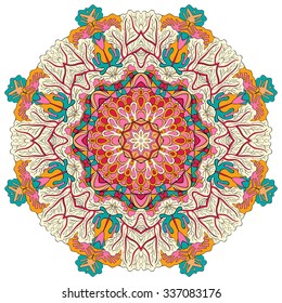 Ray edge mandala tracery wheel mehendi  design. Tracery calming ornament. Neat even colorful harmonious doodle texture. Indifferent discreet. Ambitious bracing usable doodling mehndi pattern. Vector. 