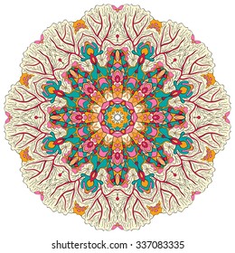 Ray edge mandala tracery wheel mehendi  design. Tracery calming ornament. Neat even colorful harmonious doodle texture. Indifferent discreet. Ambitious bracing usable doodling mehndi pattern. Vector. 
