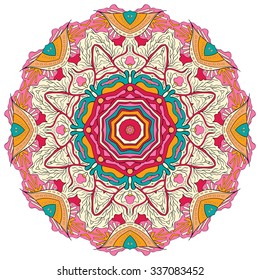 Ray edge mandala tracery wheel mehendi  design. Tracery calming ornament. Neat even colorful harmonious doodle texture. Indifferent discreet. Ambitious bracing usable doodling mehndi pattern. Vector. 
