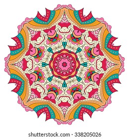 Ray edge mandala tracery wheel mehendi  design. Tracery calming ornament. Neat even colorful harmonious doodle texture. Indifferent discreet. Ambitious bracing usable doodling mehndi pattern. Vector. 