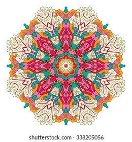 Ray edge mandala tracery wheel mehendi  design. Tracery calming ornament. Neat even colorful harmonious doodle texture. Indifferent discreet. Ambitious bracing usable doodling mehndi pattern. Vector. 