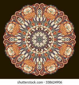 Ray edge mandala tracery wheel mehendi  design. Tracery calming ornament. Neat even colorful harmonious doodle texture. Indifferent discreet. Ambitious bracing usable doodling mehndi pattern. Vector. 