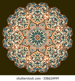 Ray edge mandala tracery wheel mehendi  design. Tracery calming ornament. Neat even colorful harmonious doodle texture. Indifferent discreet. Trace bracing usable doodling mehndi pattern. Vector. 