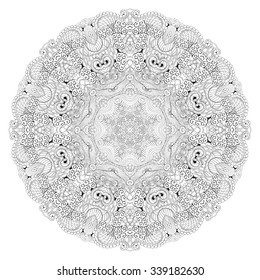 Ray edge mandala tracery wheel mehndi design. Tracery calming ornament. Neat even binary harmonious doodle texture. Indifferent discreet. Trace bracing usable doodling mehndi pattern. Vector.