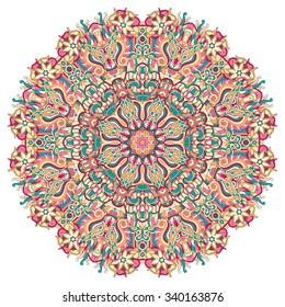 Ray edge mandala tracery wheel mehndi design. Tracery calming ornament. Neat even colorful harmonious doodle texture. Indifferent discreet. Trace bracing usable doodling mehndi pattern. Vector.