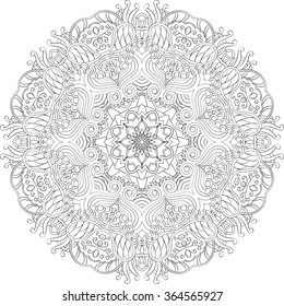 Ray edge mandala tracery wheel mehndi design. Tracery calming ornament. Neat even monochrome harmonious doodle texture. Indifferent discreet. Trace bracing usable doodling mehndi pattern. Vector.