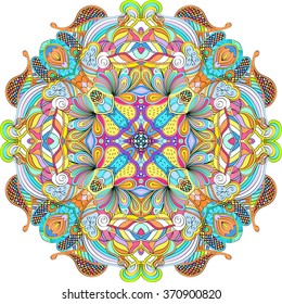Ray edge mandala tracery wheel mehndi design. Tracery calming ornament. Neat even colorful harmonious doodle texture. Indifferent discreet. Trace bracing usable doodling mehndi pattern. Vector.