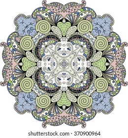 Ray edge mandala tracery wheel mehndi design. Tracery calming ornament. Neat even colorful harmonious doodle texture. Indifferent discreet. Trace bracing usable doodling mehndi pattern. Vector.