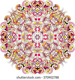 Ray edge mandala tracery wheel mehndi design. Tracery calming ornament. Neat even colorful harmonious doodle texture. Indifferent discreet. Trace bracing usable doodling mehndi pattern. Vector.