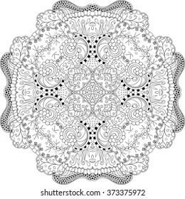 Ray edge mandala tracery wheel mehndi design. Tracery calming ornament. Neat even binary monochrome harmonious doodle texture. Indifferent discreet.  Bracing usable doodling mehndi pattern. Vector.