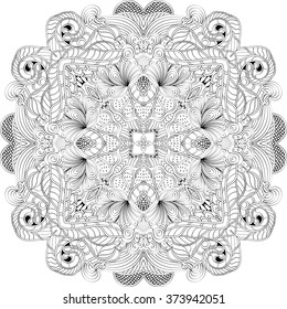 Ray edge mandala tracery wheel mehndi design. Tracery calming ornament. Neat even binary monochrome harmonious doodle texture. Indifferent discreet.  Bracing usable doodling mehndi pattern. Vector.
