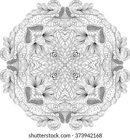 Ray edge mandala tracery wheel mehndi design. Tracery calming ornament. Neat even binary monochrome harmonious doodle texture. Indifferent discreet.  Bracing usable doodling mehndi pattern. Vector.