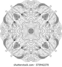 Ray edge mandala tracery wheel mehndi design. Tracery calming ornament. Neat even binary monochrome harmonious doodle texture. Indifferent discreet.  Bracing usable doodling mehndi pattern. Vector.