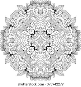 Ray edge mandala tracery wheel mehndi design. Tracery calming ornament. Neat even binary monochrome harmonious doodle texture. Indifferent discreet.  Bracing usable doodling mehndi pattern. Vector.