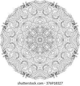 Ray edge mandala tracery wheel mehndi design. Tracery calming ornament. Neat even binary monochrome harmonious doodle texture. Indifferent discreet.  Bracing usable doodling mehndi pattern. Vector.