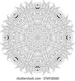 Ray edge mandala tracery wheel mehndi design. Tracery calming ornament. Neat even binary monochrome harmonious doodle texture. Indifferent discreet.  Bracing usable doodling mehndi pattern. Vector.