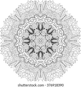 Ray edge mandala tracery wheel mehndi design. Tracery calming ornament. Neat even binary monochrome harmonious doodle texture. Indifferent discreet.  Bracing usable doodling mehndi pattern. Vector.